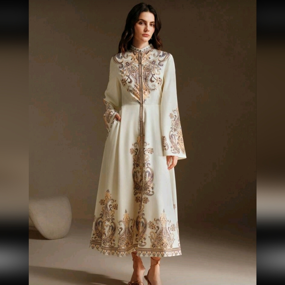 Elegant Cream and Gold Paisley Maxi Dress